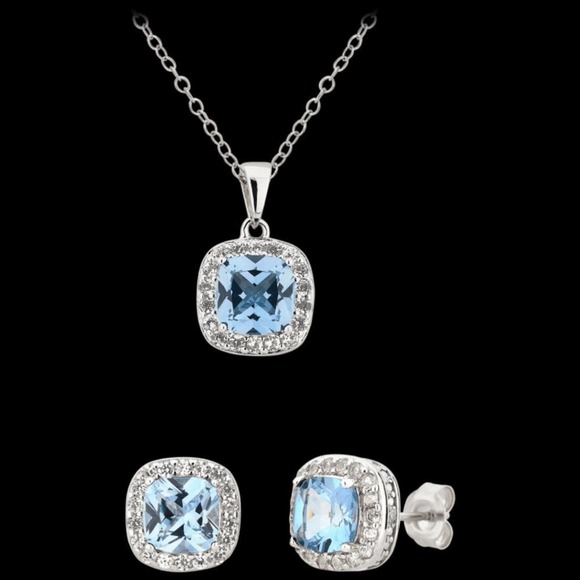 NEW Blue Cushion Topaz White Round Diamond Pendant Earring Set - Picture 1 of 5